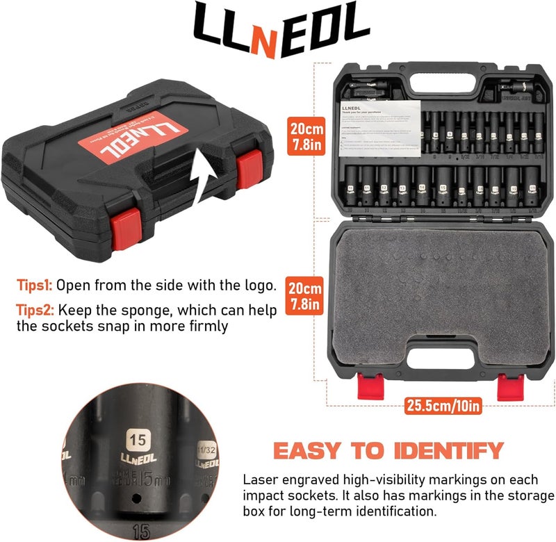 LLNEDL 1/4 Inch Drive Impact Socket Set, 83Pcs Socket Wrench Set Metric & SAE from 4-15mm, 5/32-9/16", 6 Point CR-V Deep & Shallow Sockets Kit with 72T Ratchet Handle, E Torx, for Automotive & Home - Image 5